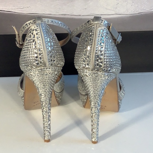 Thalia Sodi Flor Silver T Strap Platform Stiletto Jeweled Open Toe Heels Sz 9 - Picture 7 of 12
